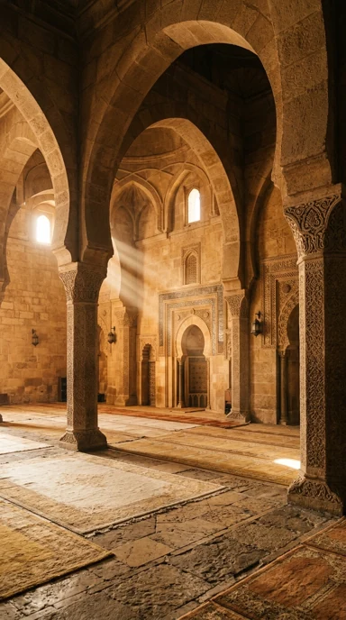 A stone prayer hall with shafts of light and no people.