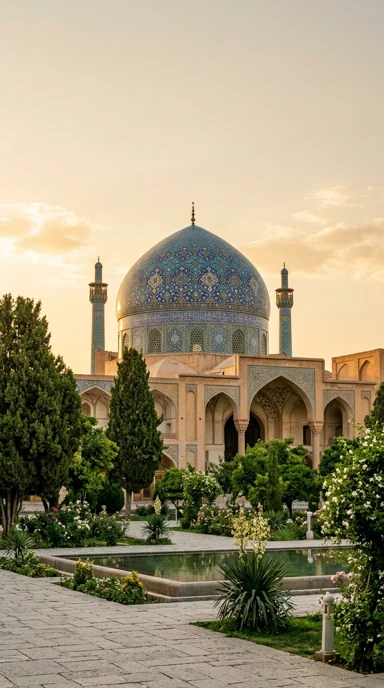 A persian-inspired blue tiled dome among gardens.