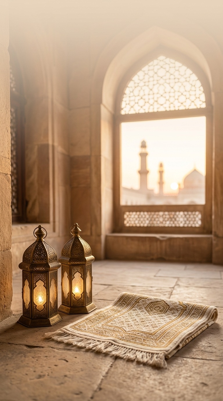 A pair of lanterns beside a folded prayer mat.