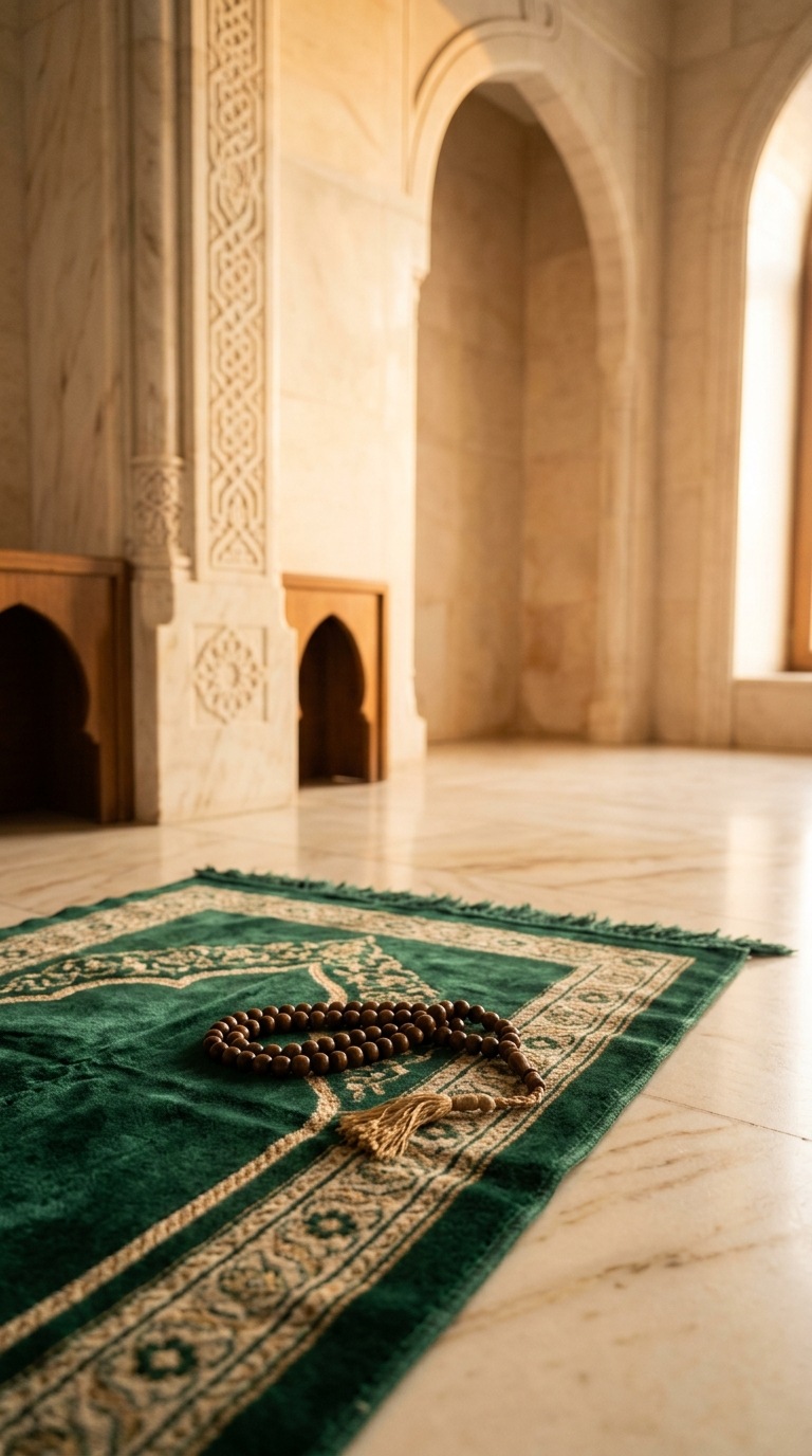 An emerald prayer rug and wooden prayer beads on marble.