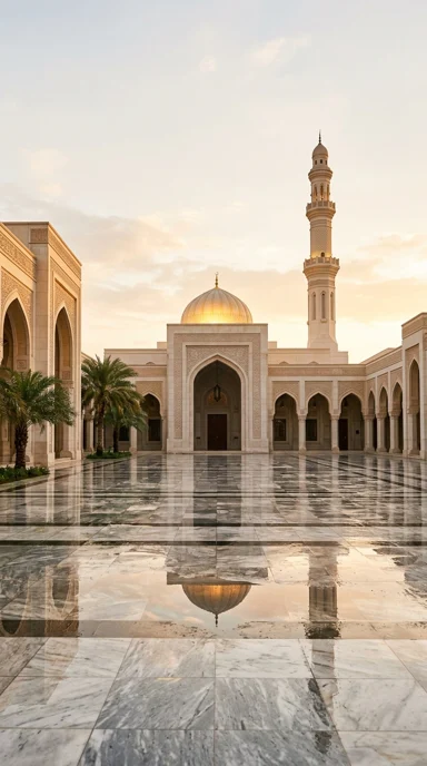 A serene mosque courtyard after gentle rain.