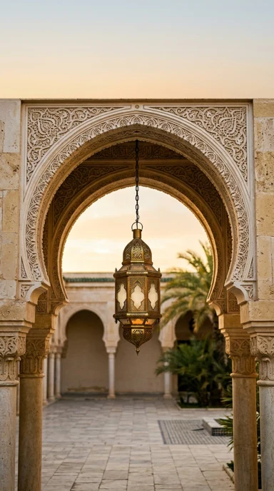 A brass ramadan lantern suspended beneath an ornate arch.