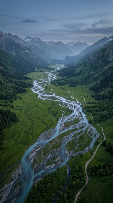 Aerial braided river through green valleys.