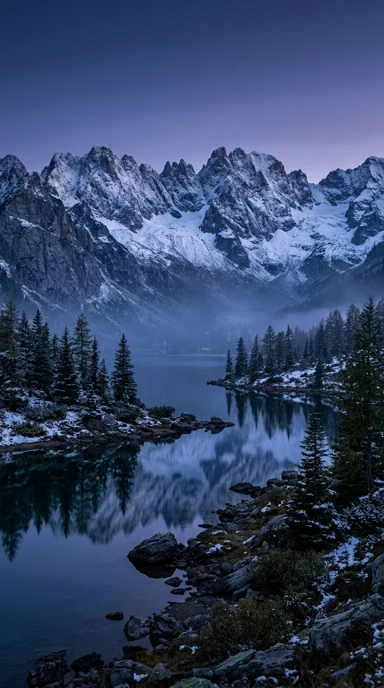 Alpine lake and snowy peaks.