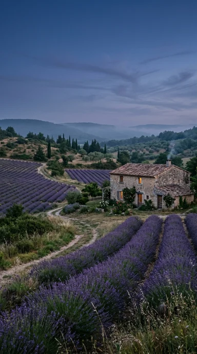 Lavender fields beside a stone cottage.