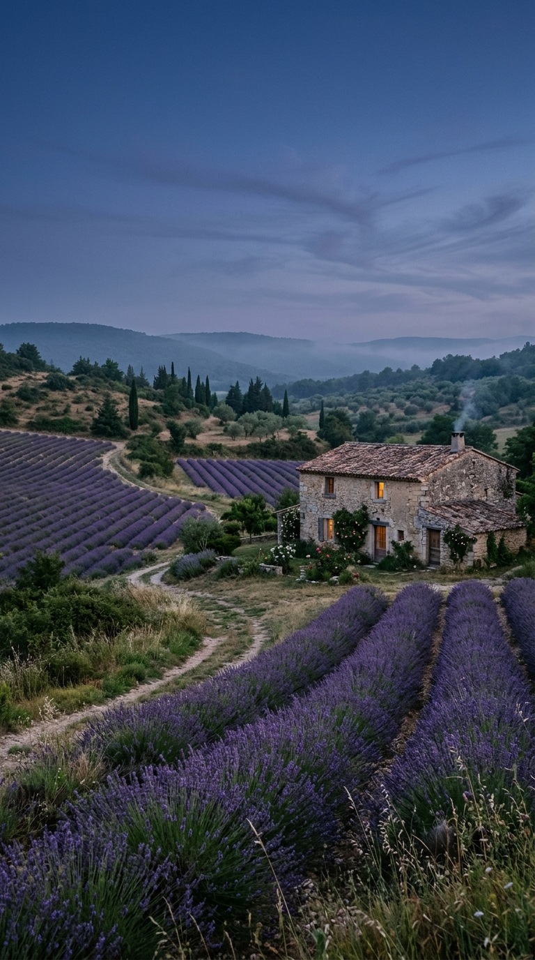 Lavender fields beside a stone cottage.