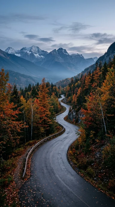 Mountain road winding through autumn trees.