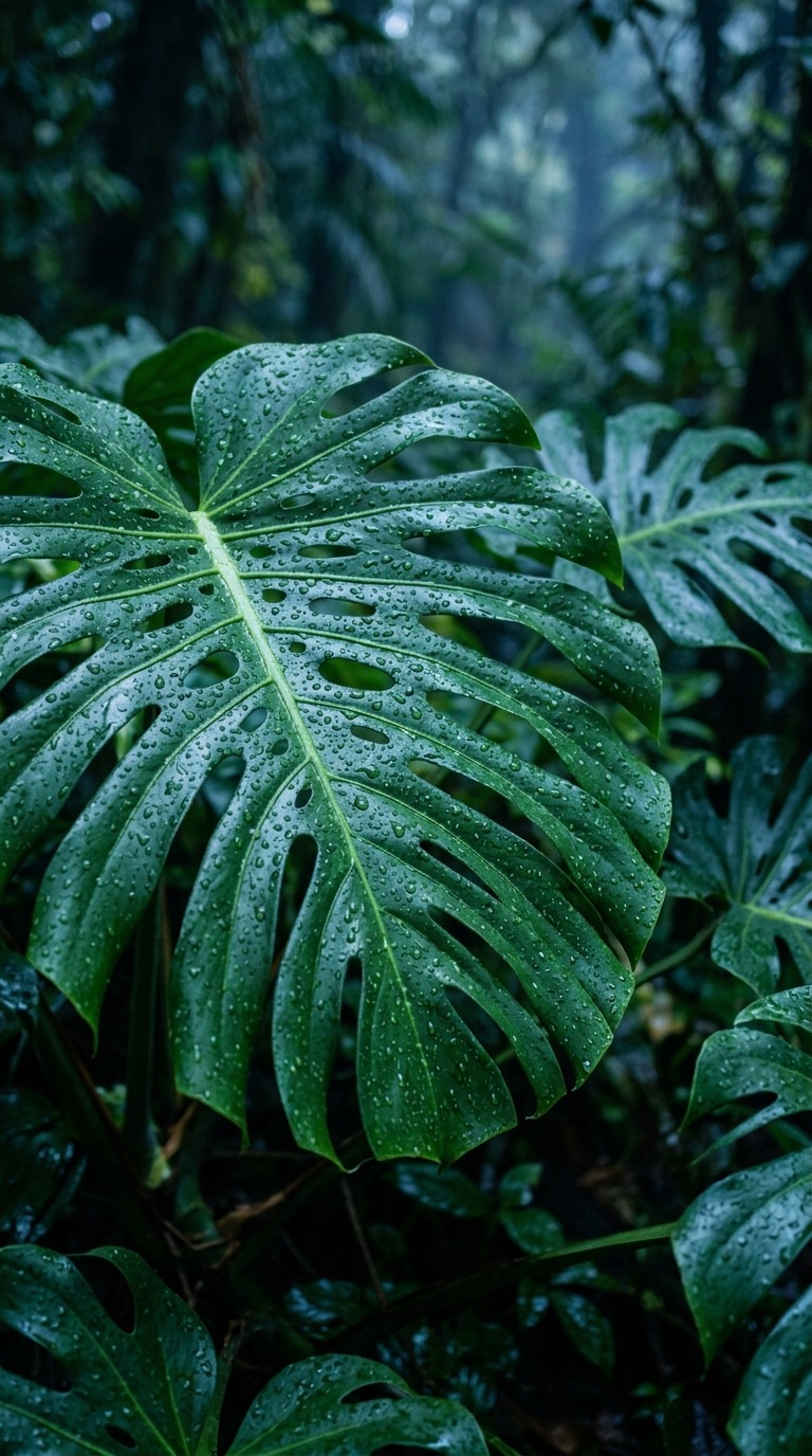 Rain droplets on a deep green monstera leaf.