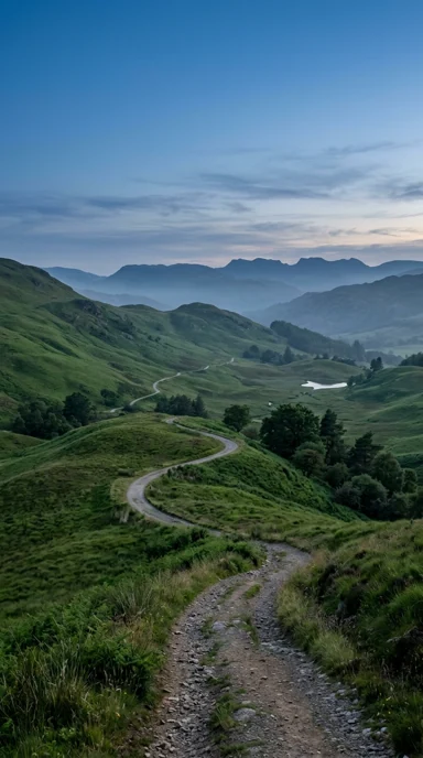 Rolling emerald hills with a winding path.