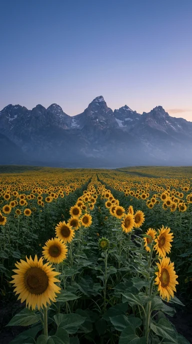 Sunflower meadow beneath distant mountains.