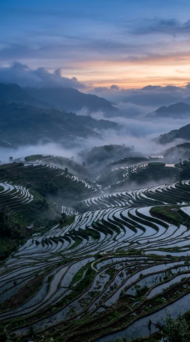Terraced rice fields with drifting mist.