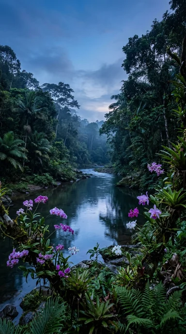 Tropical jungle river with orchids.