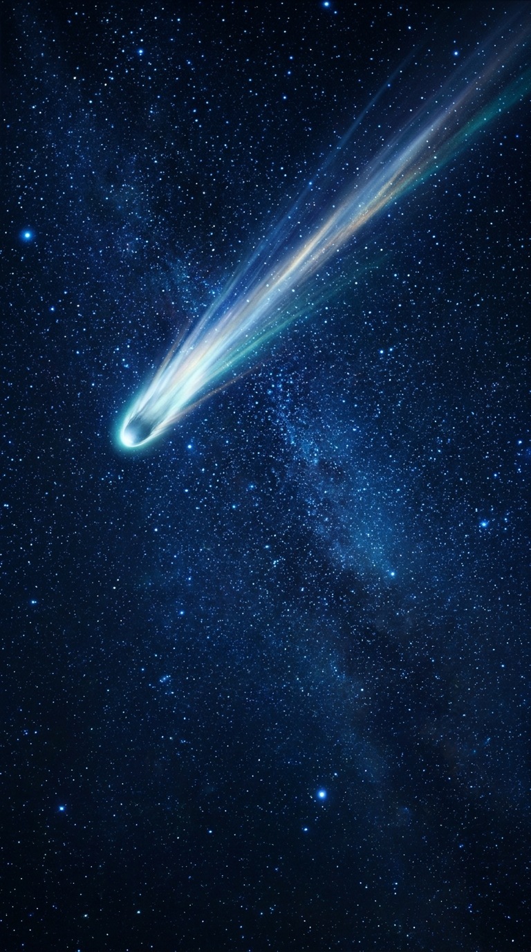 A comet crossing a field of blue stars.