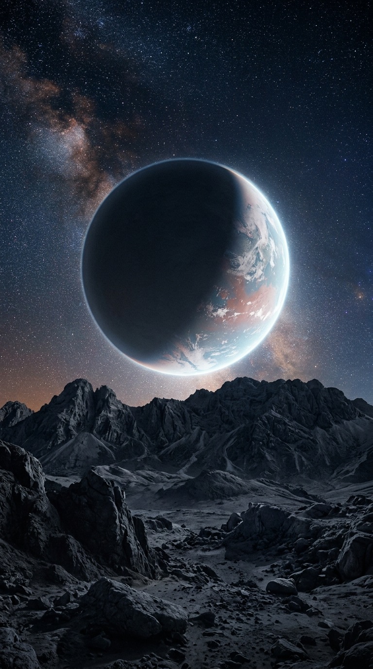 A crescent planet rising behind a rocky horizon.