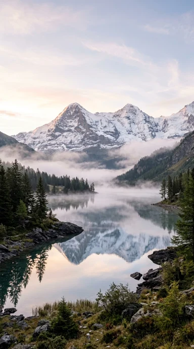 Alpine lake and snowy peaks.