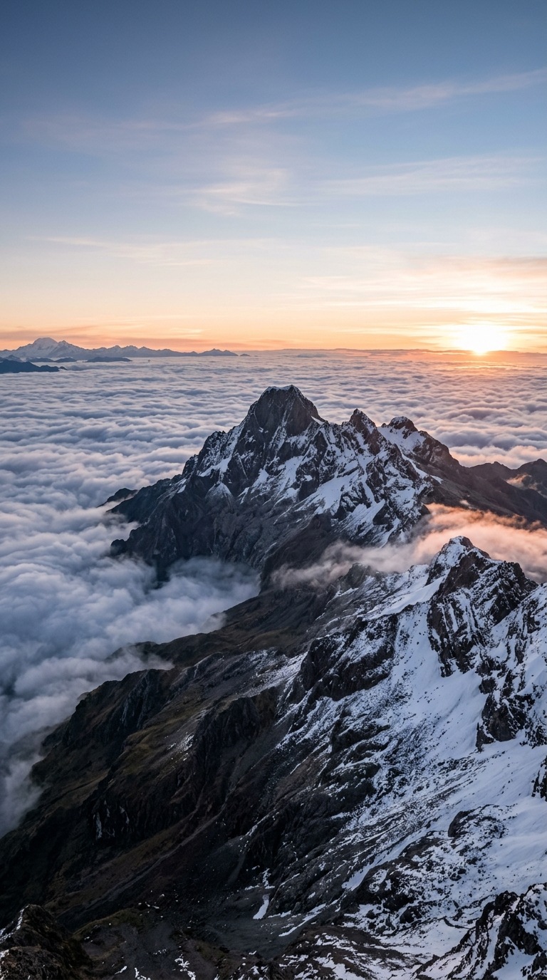 Dramatic volcanic peaks above clouds.
