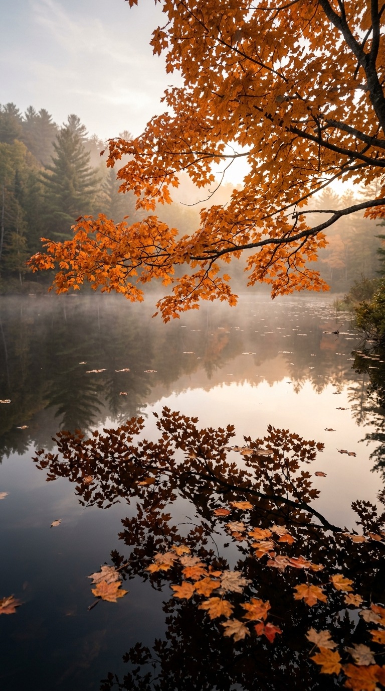 Orange maple leaves reflected in still water.