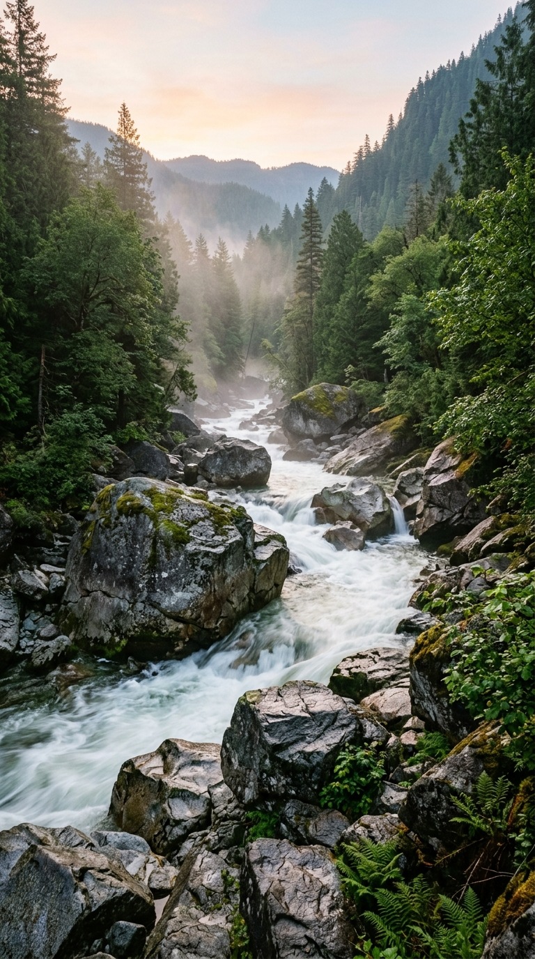 White water river between granite boulders.
