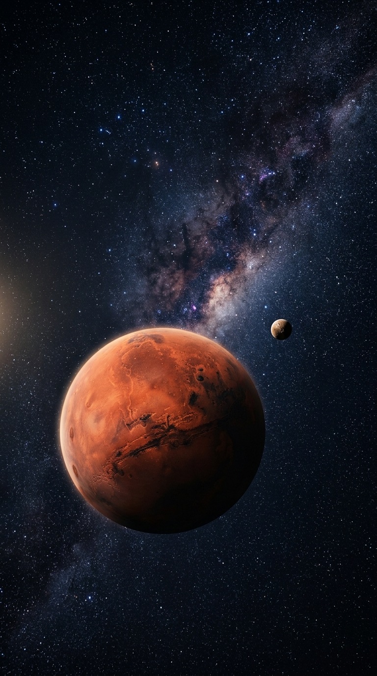 A distant red planet with a tiny orbiting moon.
