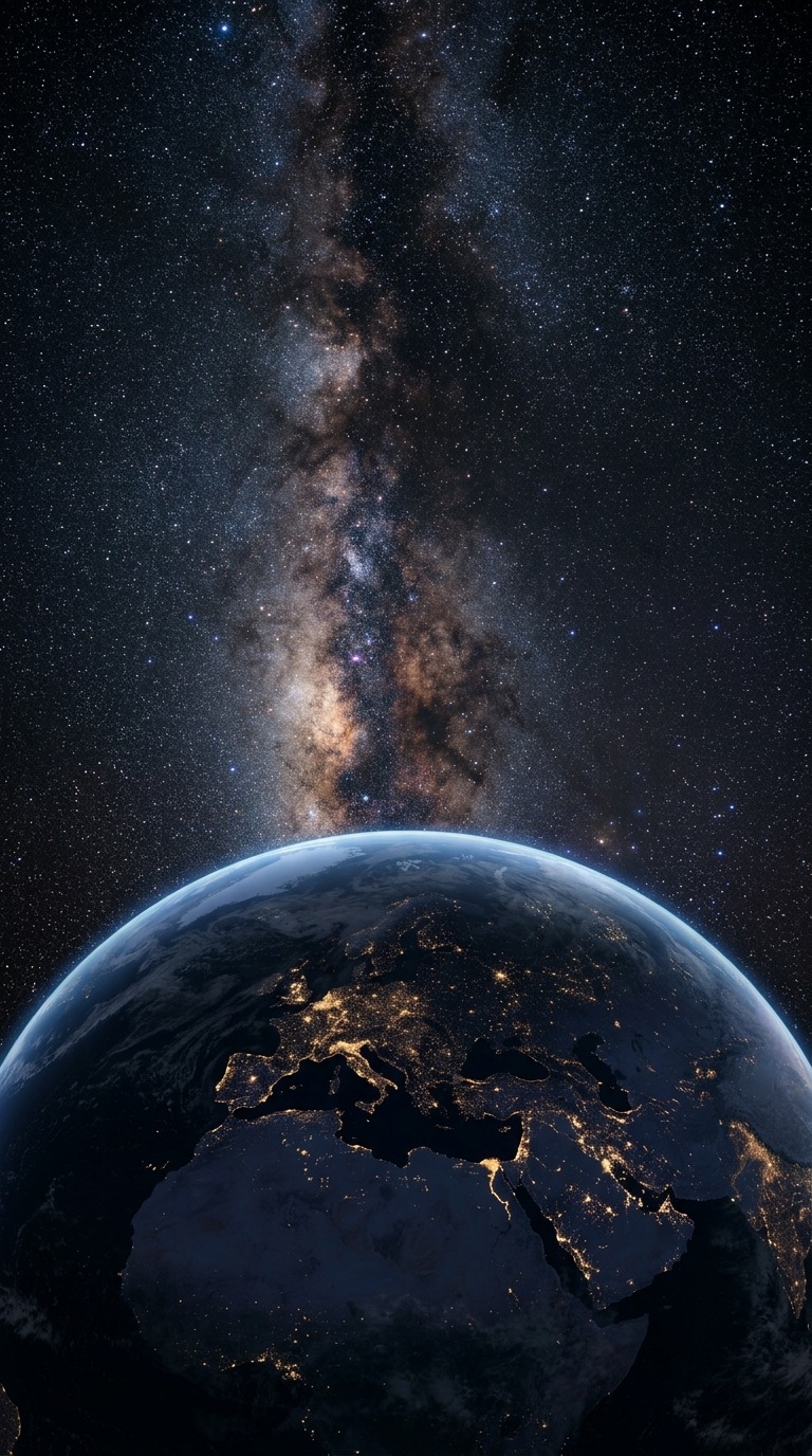 The earth at night with subtle city lights.