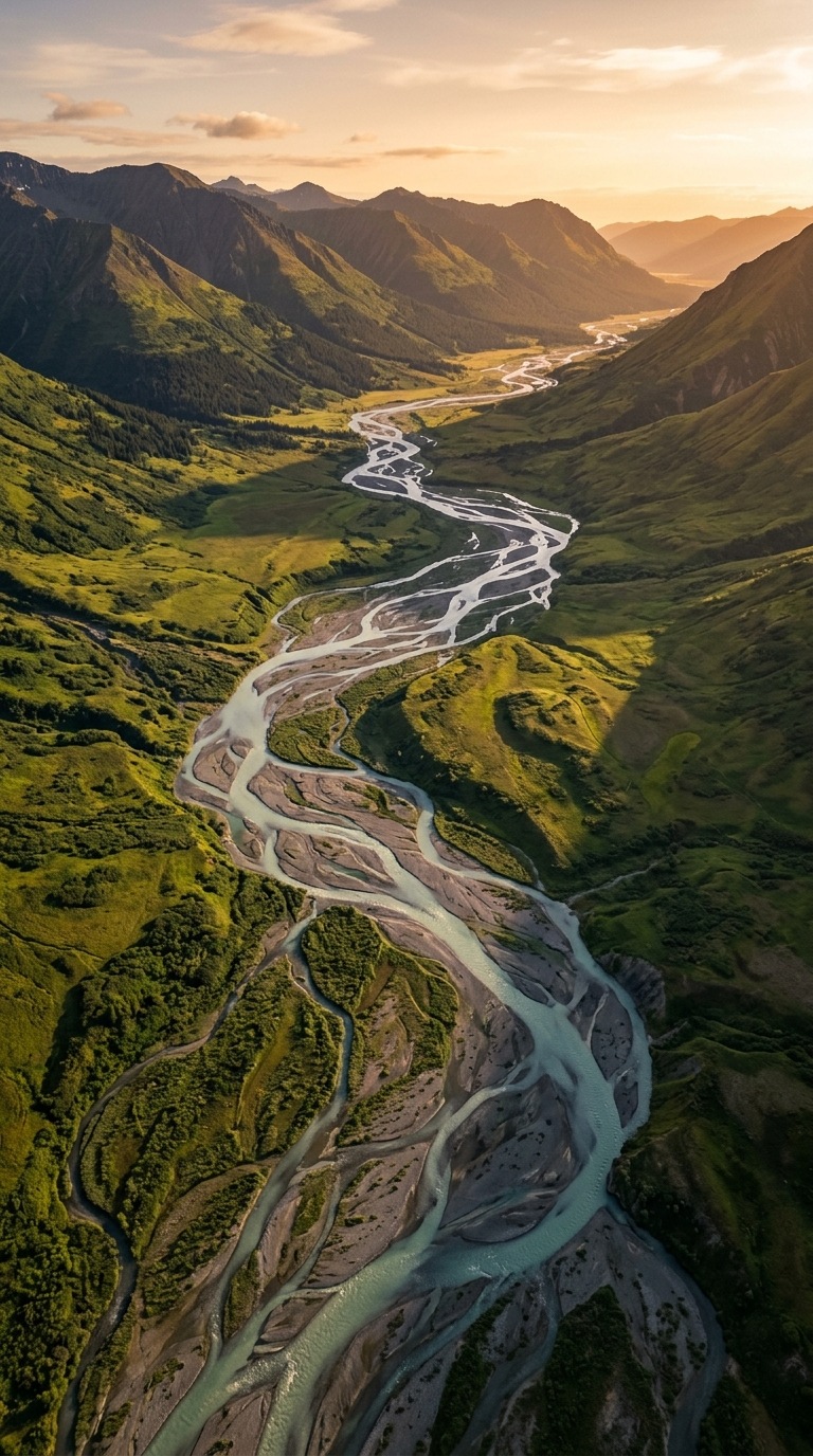 Aerial braided river through green valleys.