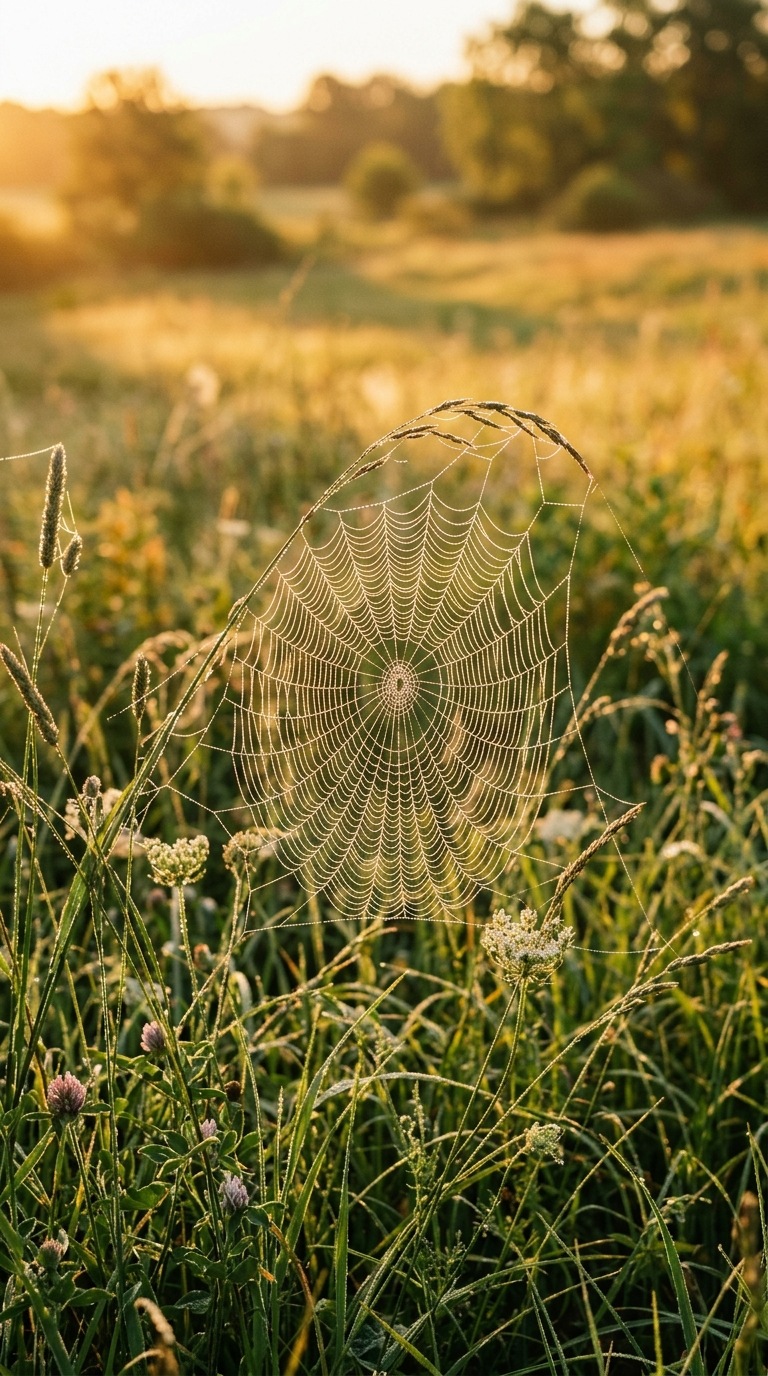 Dewy spiderweb among soft meadow grasses.