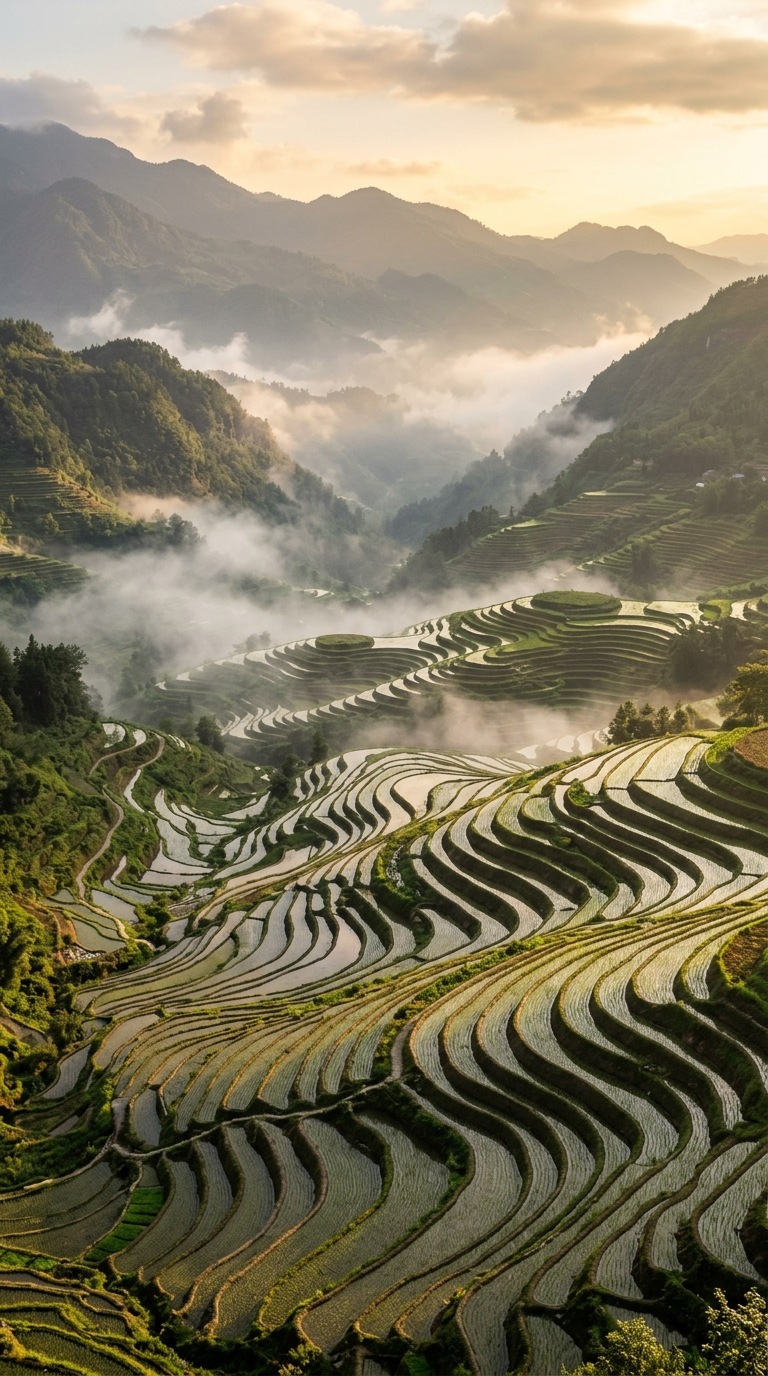 Terraced rice fields with drifting mist.
