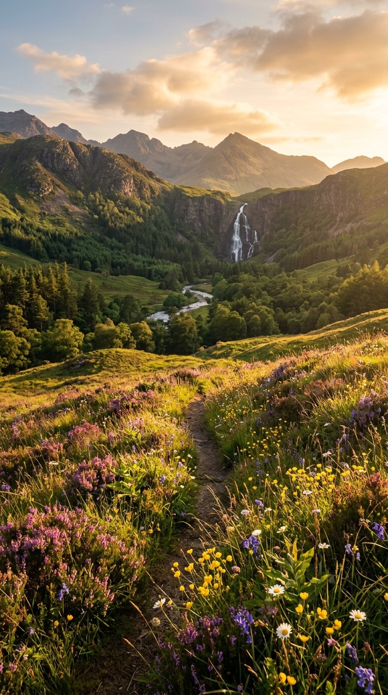 Wildflower meadow with a distant waterfall.