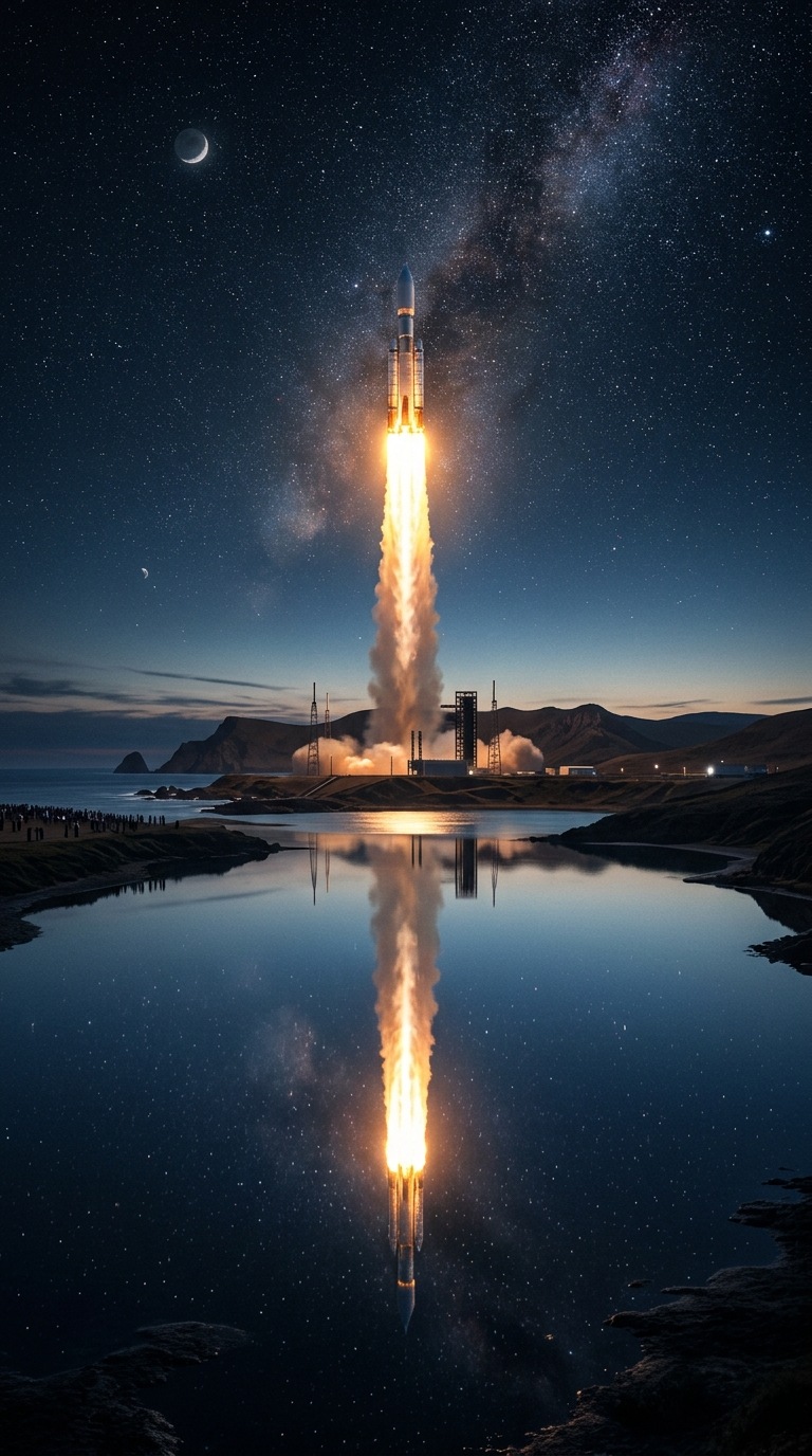 A rocket launch reflected in still water.