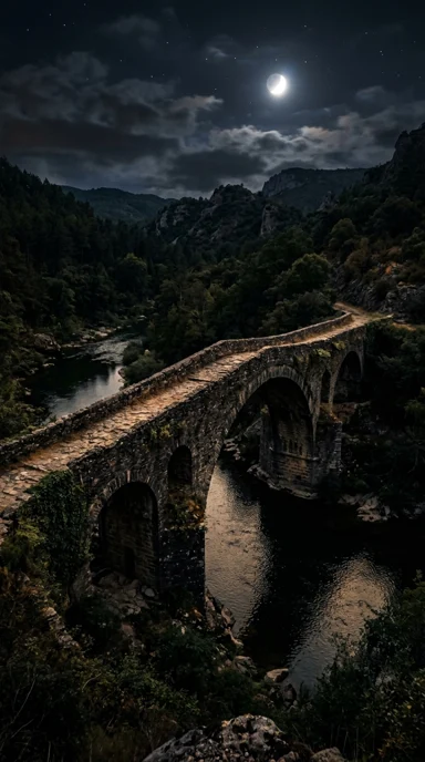 An abandoned stone bridge in moonlight.