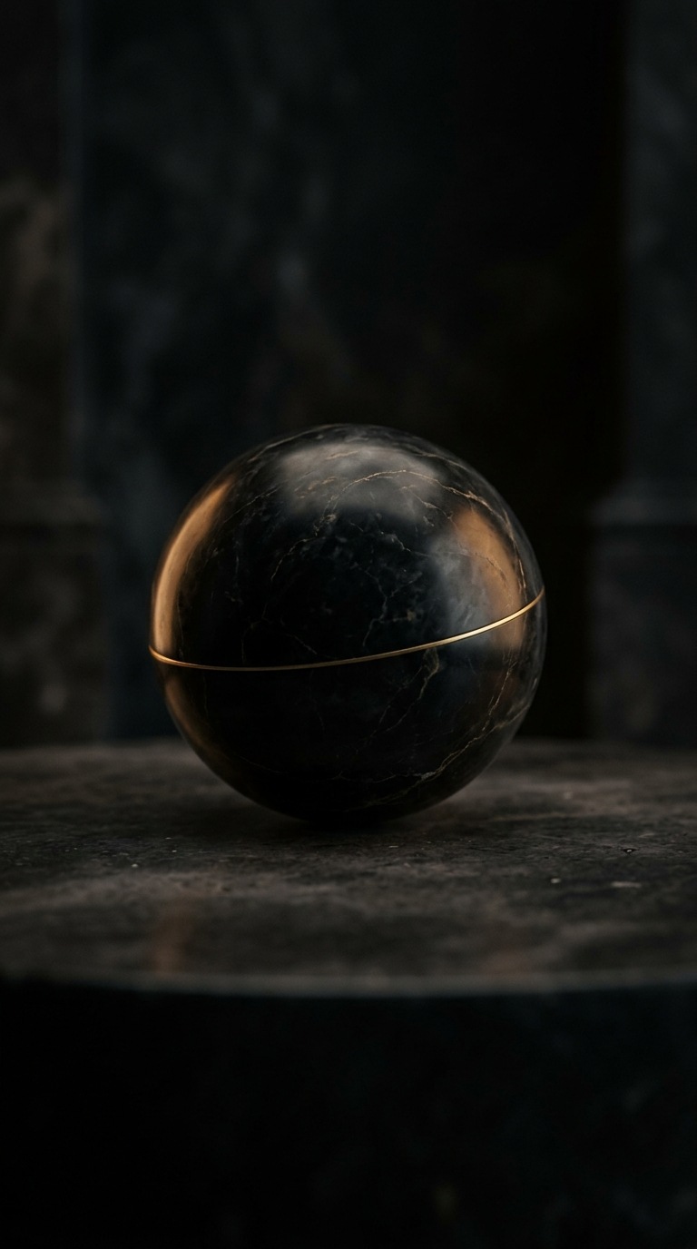 A black marble sphere with a hairline gold seam.
