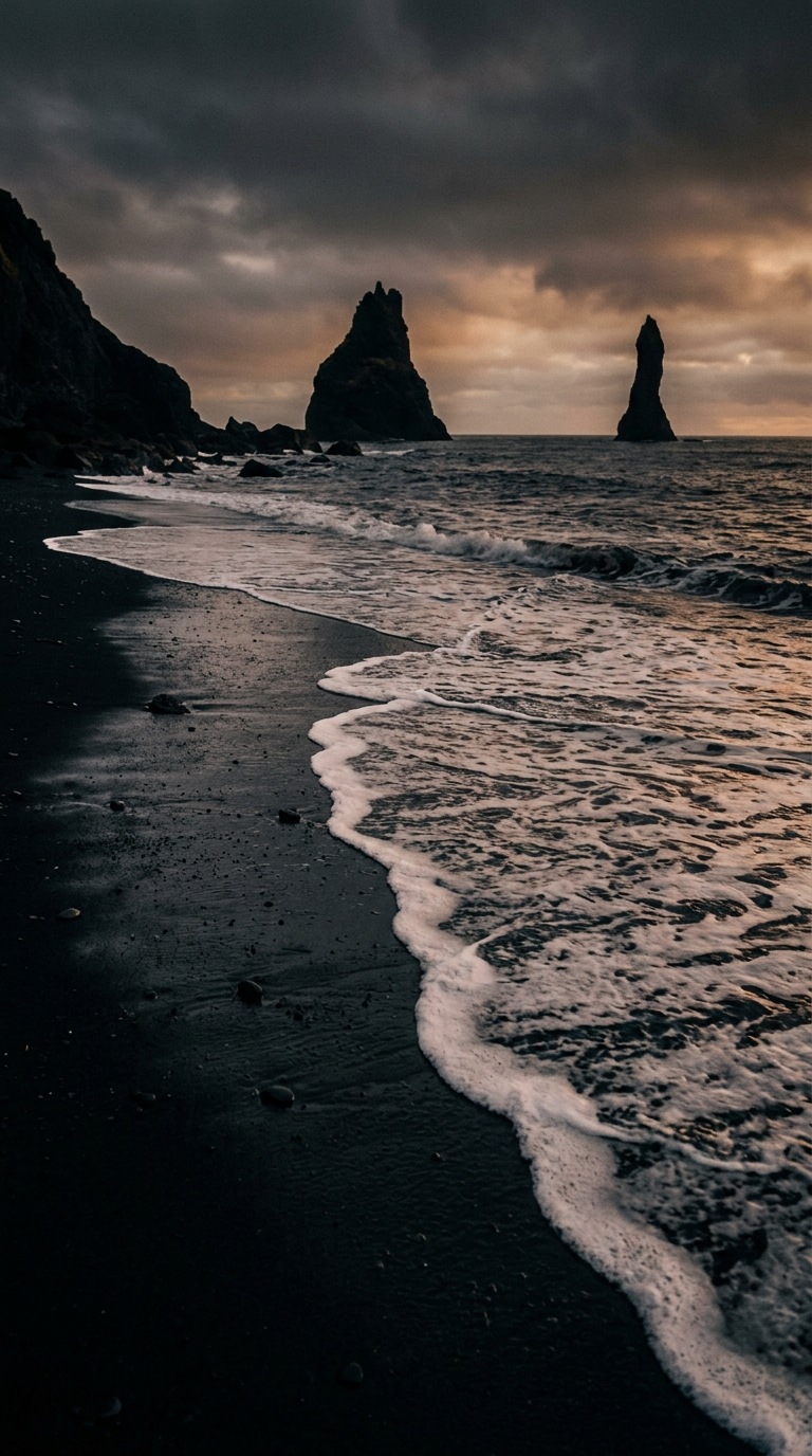 A black sand beach and pale surf.