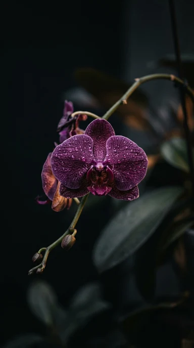 A dark purple orchid with dew.