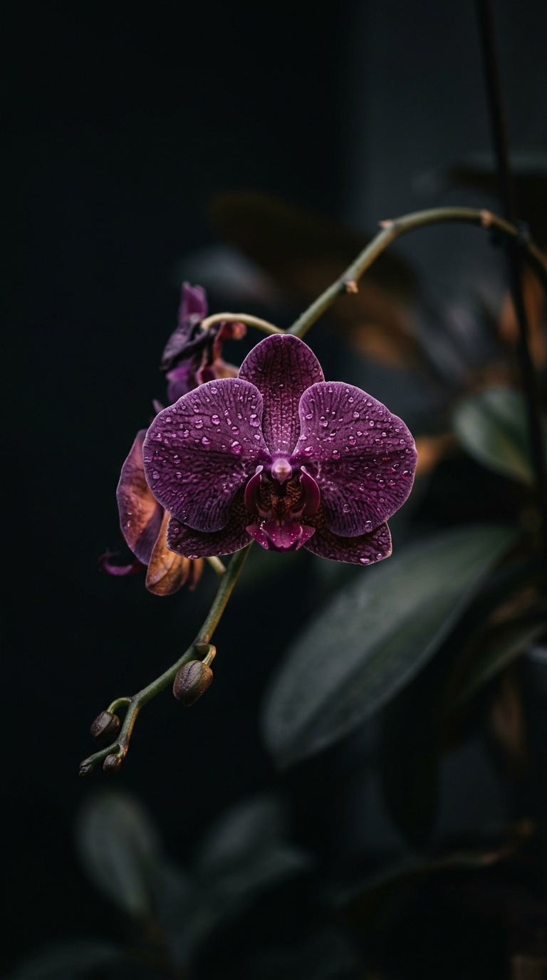 A dark purple orchid with dew.