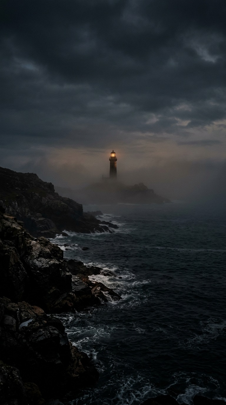 A distant lighthouse in sea fog.