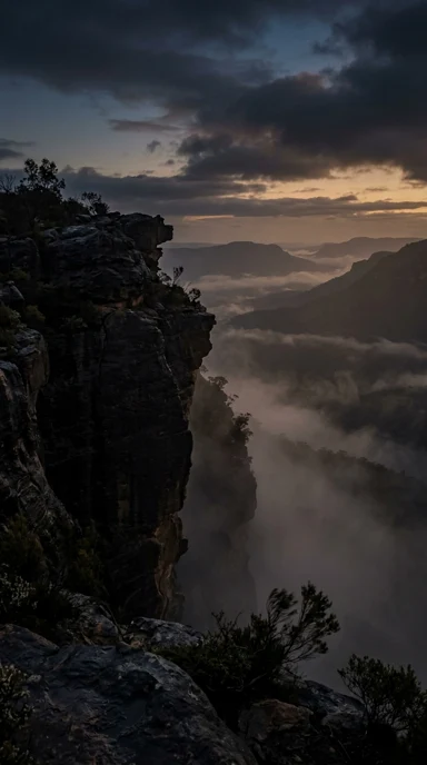 A dramatic cliff above a misty valley.