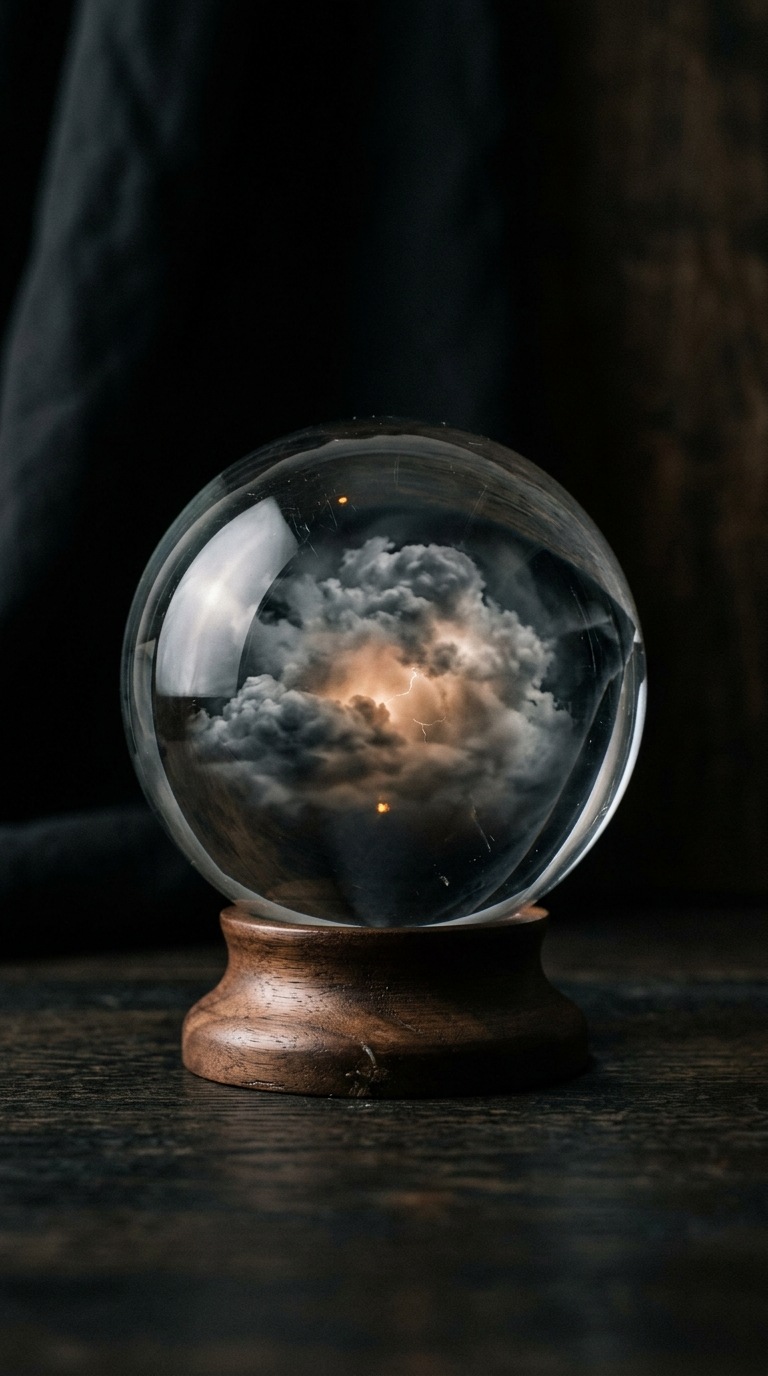 A glass orb holding a tiny storm cloud.