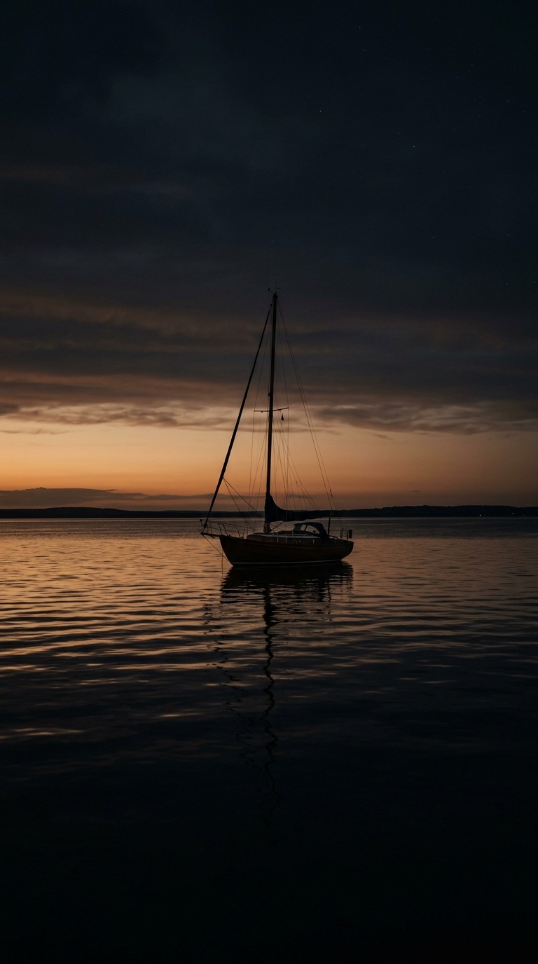 A lone sailboat on a dark calm sea.