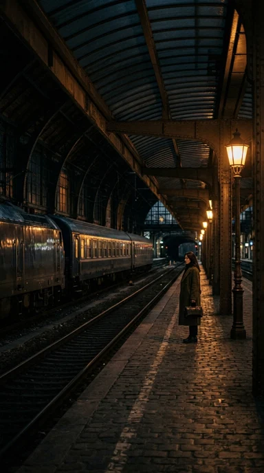 A midnight train platform with amber lights.