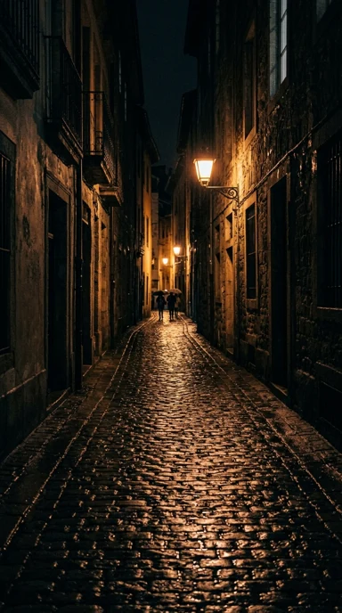 A rain-soaked cobblestone alley.