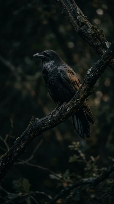 A solitary raven on an ancient branch.