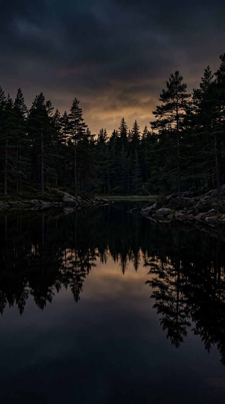 A still lake reflecting pine silhouettes.