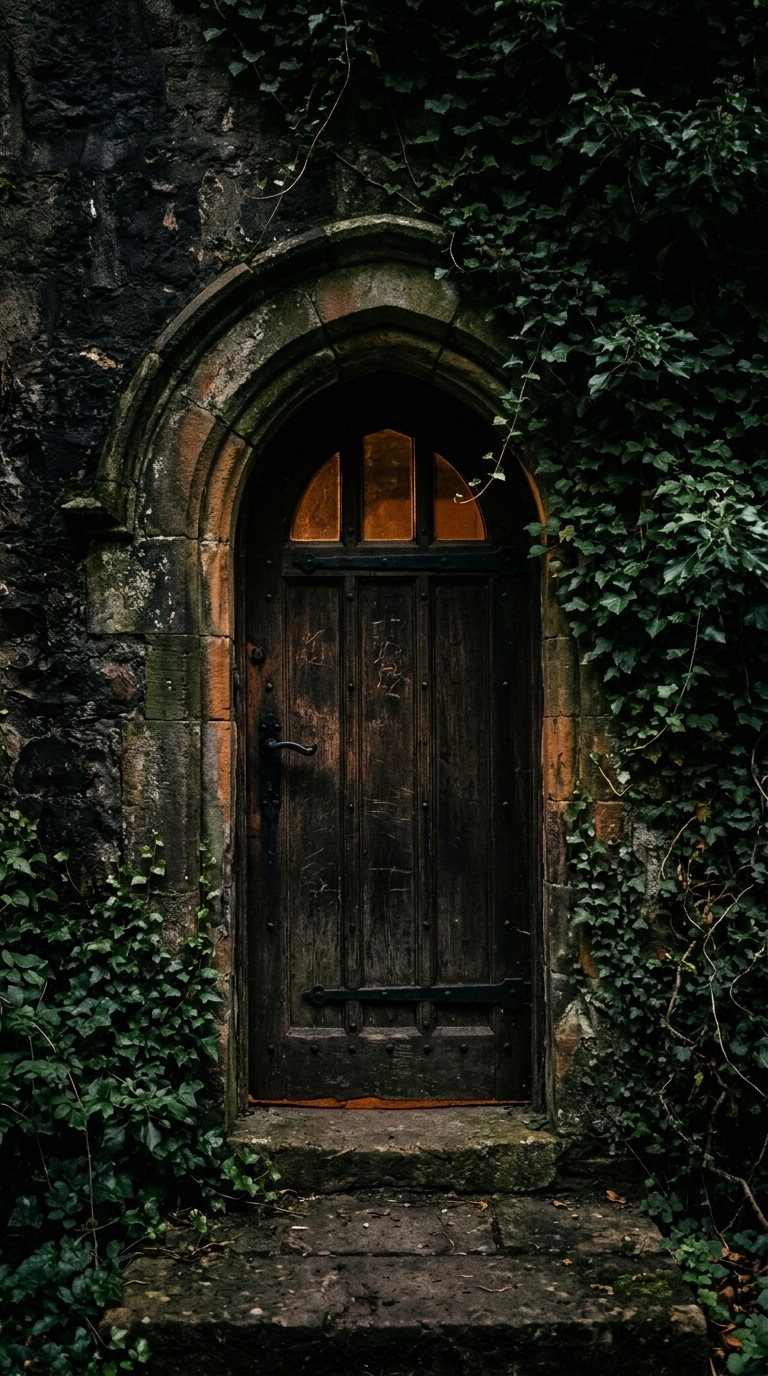 A weathered stone doorway with ivy.