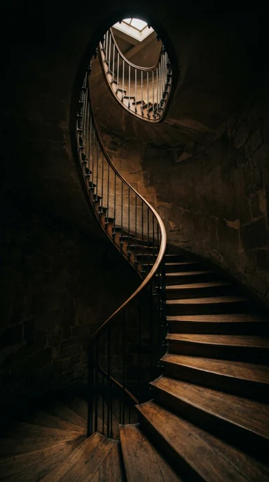 A winding staircase with soft overhead light.