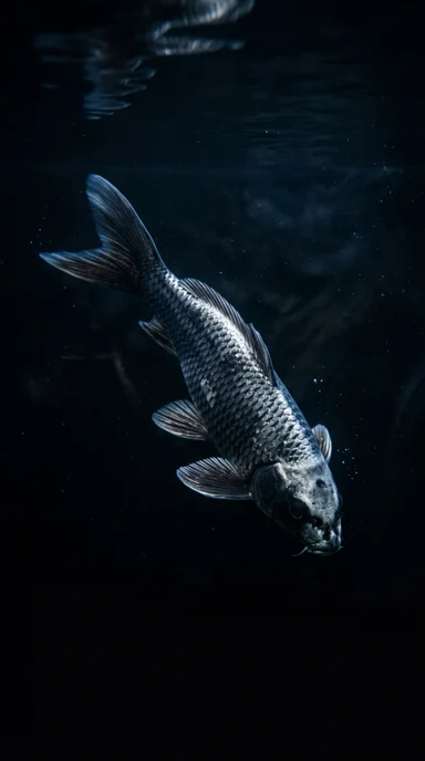 A black-and-silver koi fish beneath water.