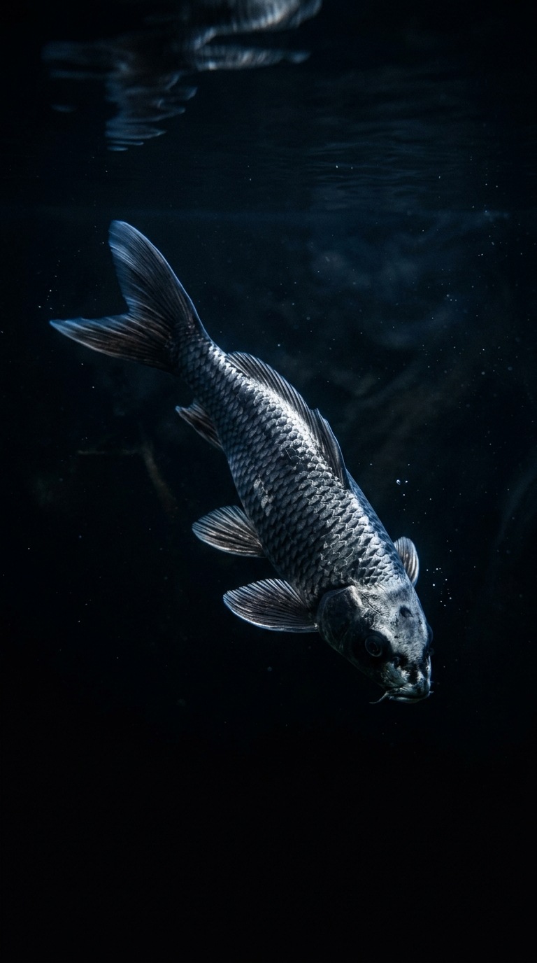 A black-and-silver koi fish beneath water.