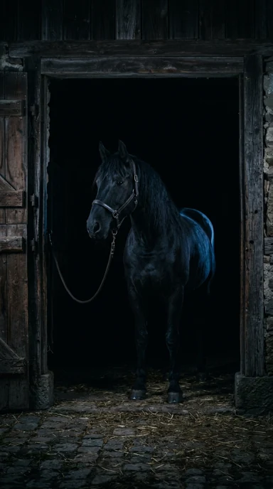A black horse in a dim stable doorway.