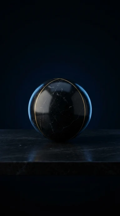 A black marble sphere with a hairline gold seam.