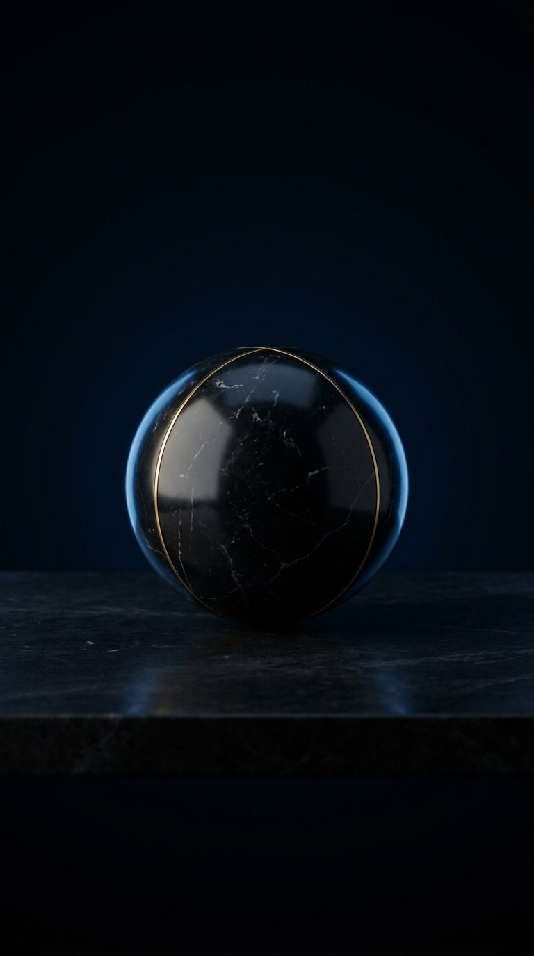 A black marble sphere with a hairline gold seam.
