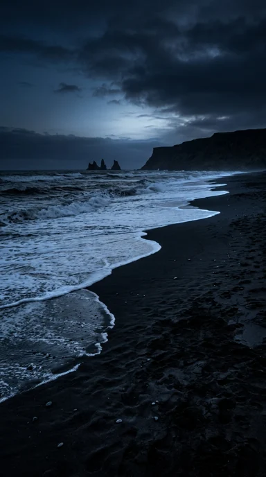 A black sand beach and pale surf.